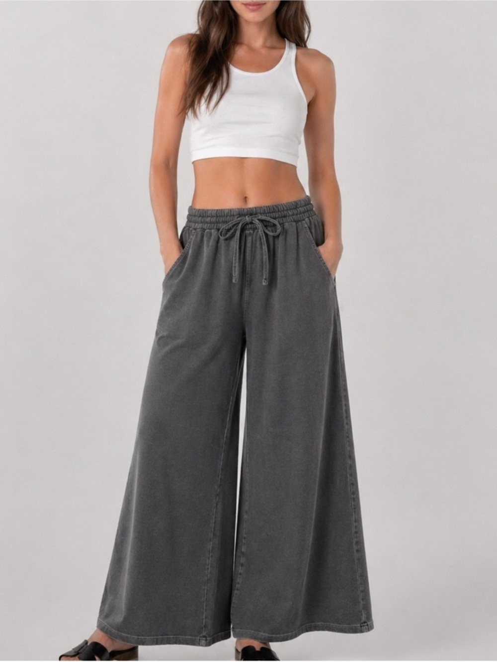 Zenana 100% Cotton Black Washed French Terry Wide Leg Pants Large